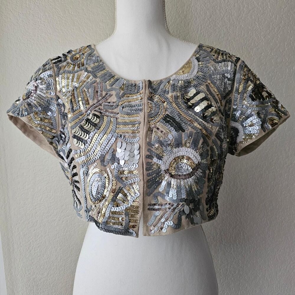 White House Black Market Gold and Silver Sequin Cropped Bolero Jacket Size M